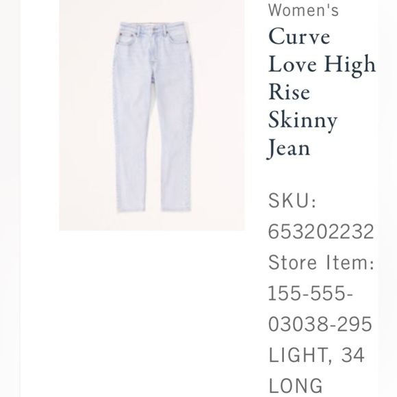 NWT Abercrombie and Fitch Light Wash Curve Love High Rise Skinny Jean - Picture 7 of 7